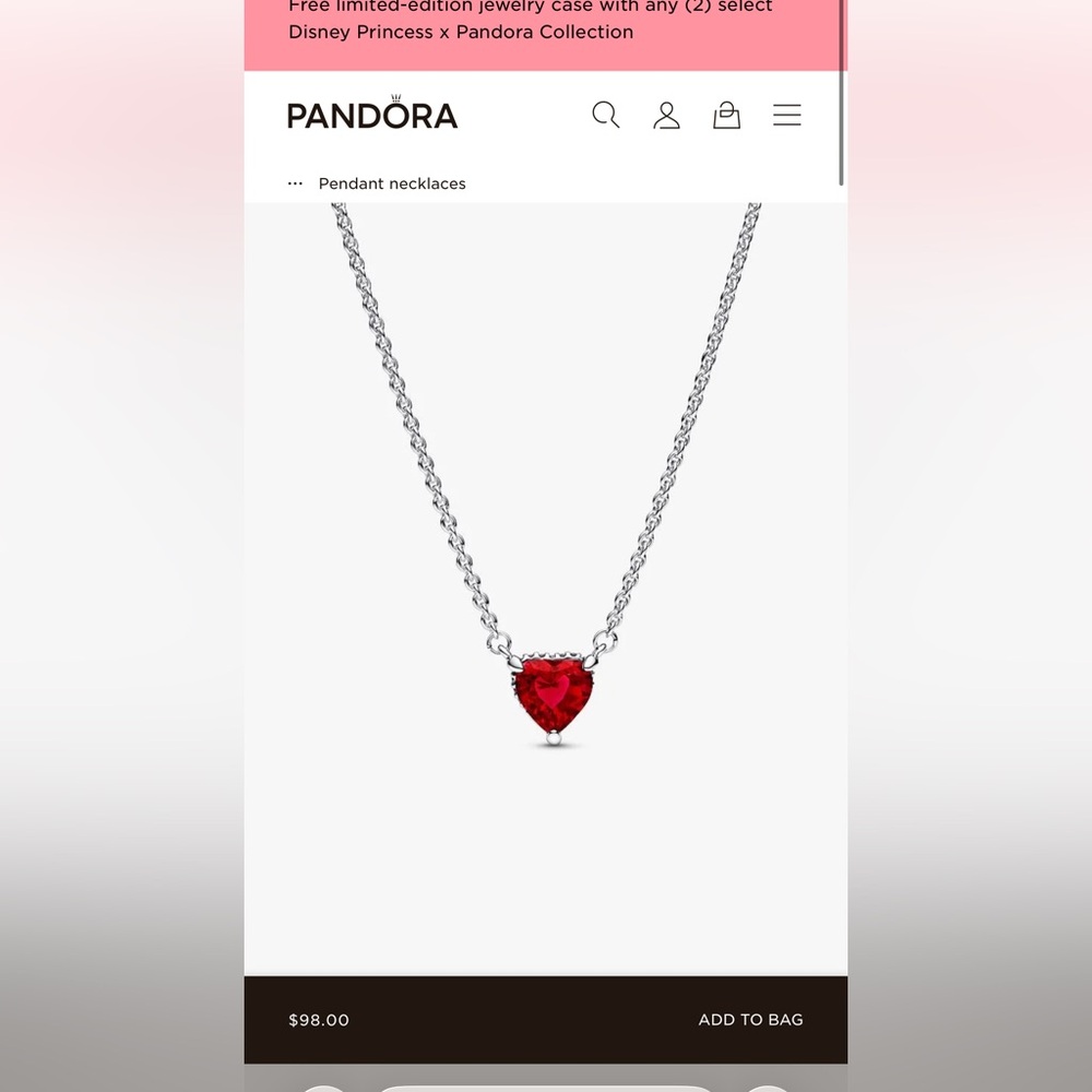 Pandora Silver Necklace with Red Heart Pendant & Ring SET